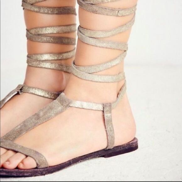 Free People Dahlia Lace Up Metallic Leather Gladiator Sandals Size 9.5 - Picture 10 of 13